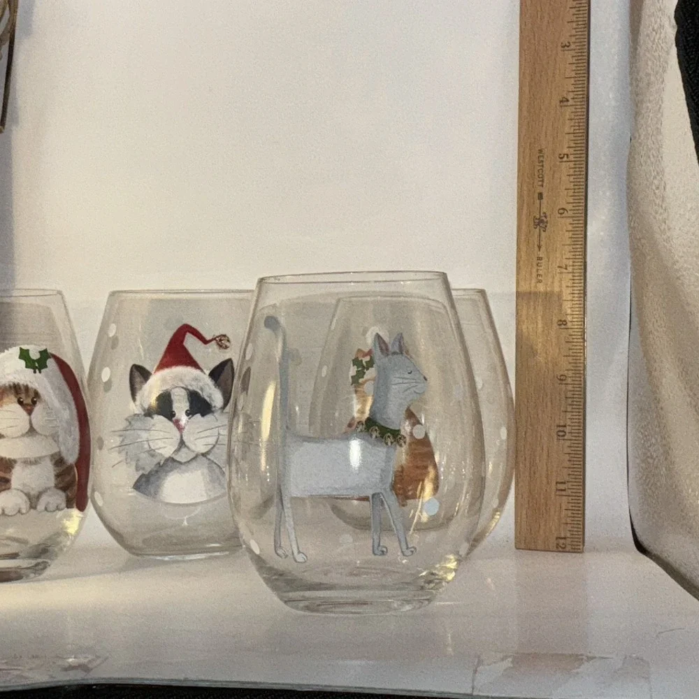 Pier 1 Stemless Wine Glasses Set of 4 Clear Decorated Christmas Cat 19 Oz. NIB